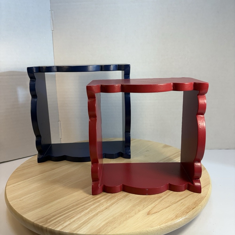 Set of 2 Wood Shadow Box Deep Picture Frames Red Blue Painted Scalloped Edge